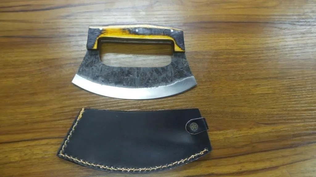 Ulu-Style Rocking Knife with Leather Sheath