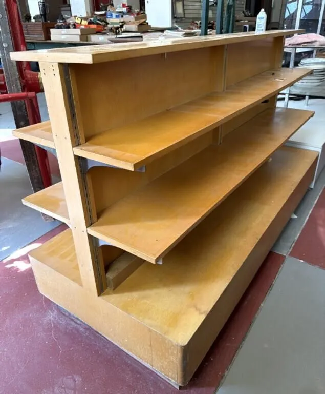 Double-Sided Wood Display Shelf 72” x 30” x 43.5”