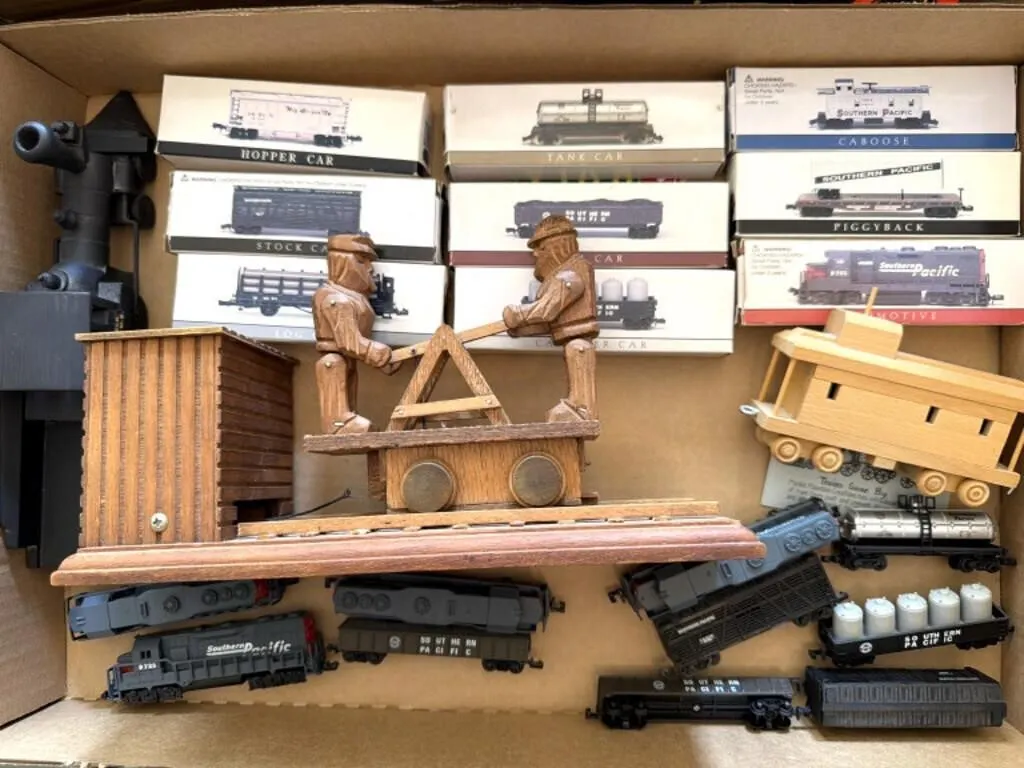 Wood Handcar Music Box, Wood Train Engine, and