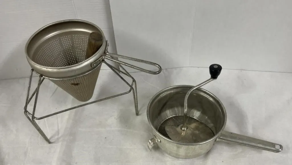 Vintage Aluminum Cone Sieve With wooden pestle,