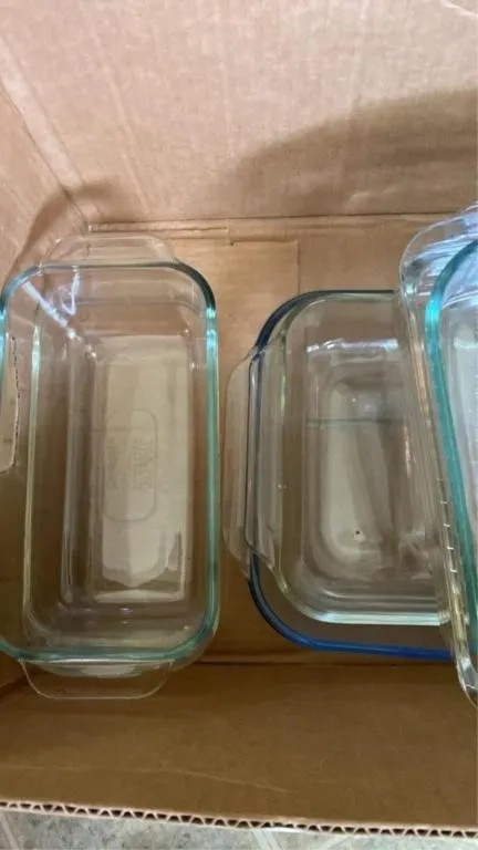 Box of glass cake pans