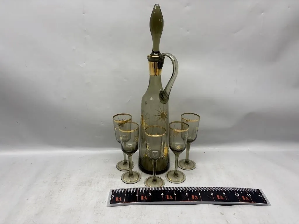 Smoked Glass Decanter Set with Gold Starburst