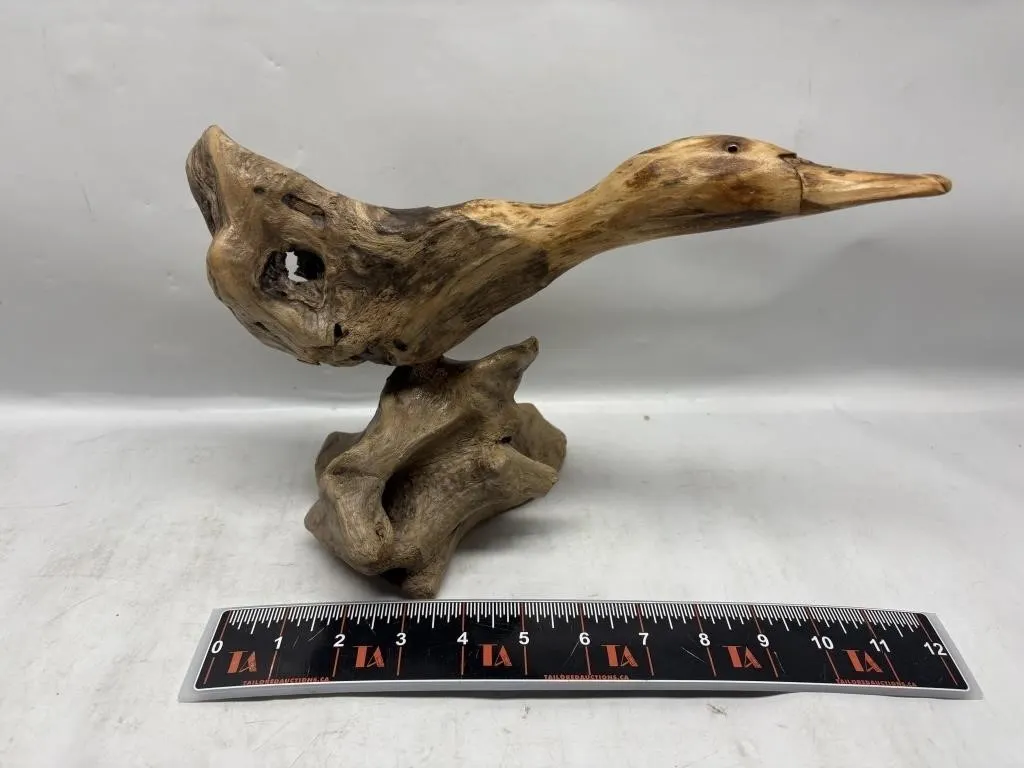 Signed Driftwood Duck Sculpture on Root Base