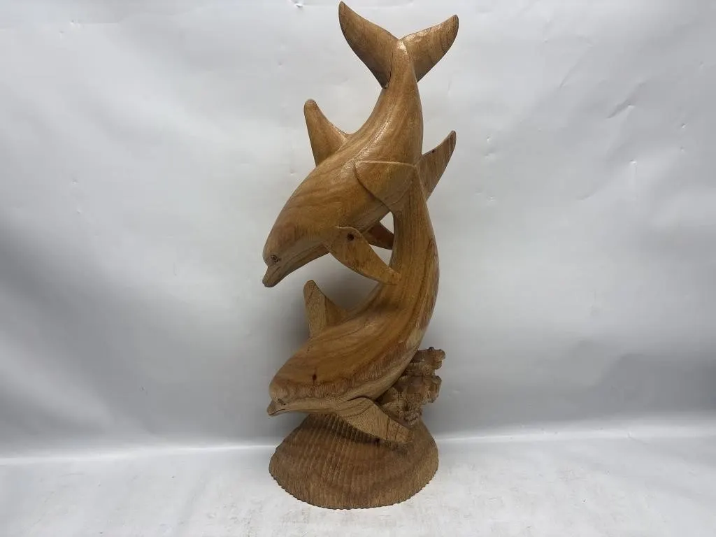 Carved Wood Double Dolphin Sculpture