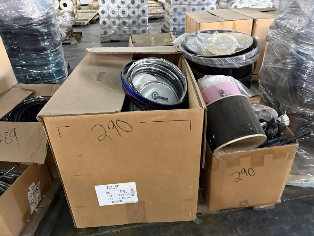 Pallet of Drum Heads, Parts, Stands
