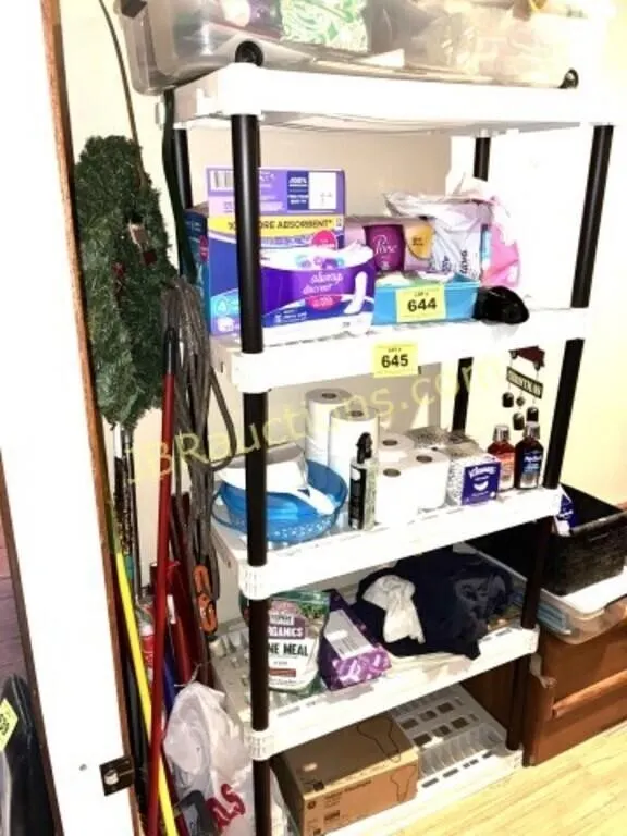 SHELF CONTENTS, BATHROOM ITEMS, CLEANING SUPPLIES.