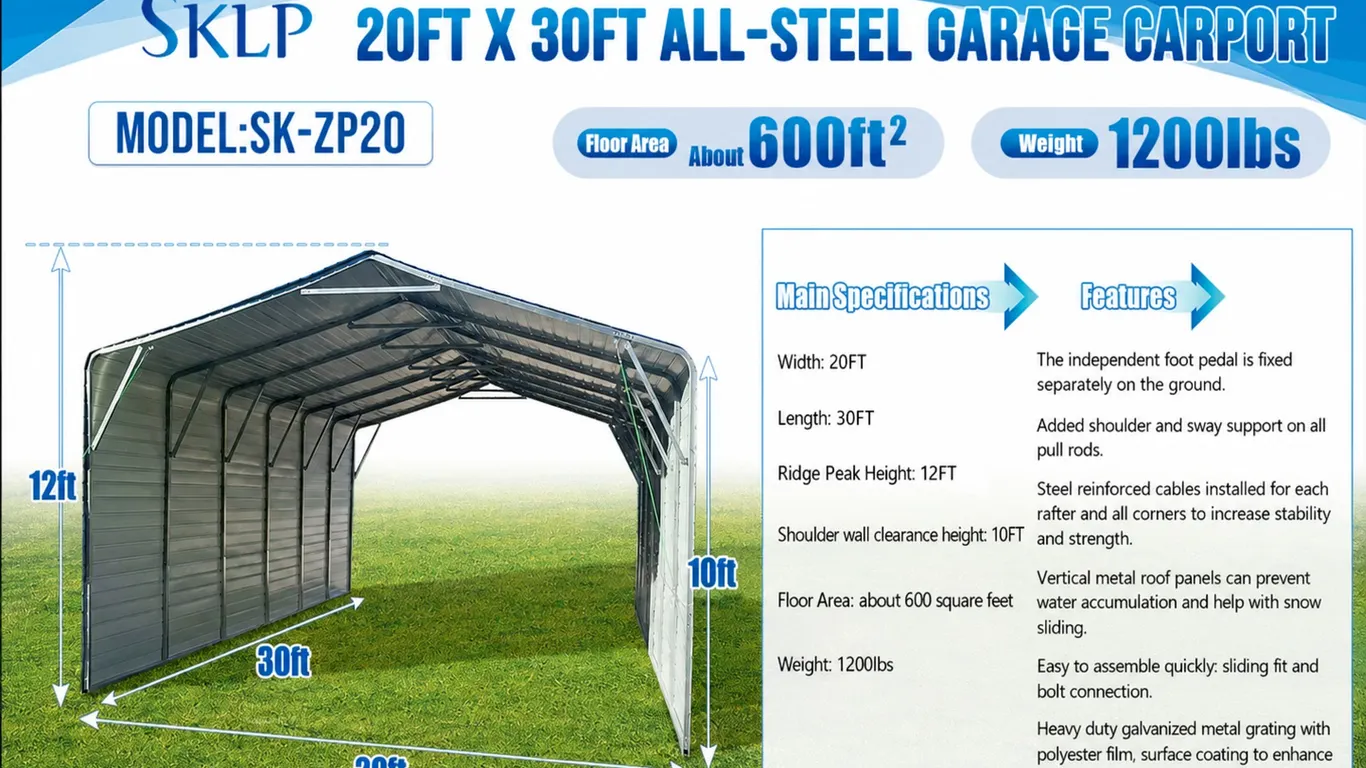 SKLP 20FT x 30 FT All Steel Garage Enclosed Sides Carport SK-ZP20~ New!