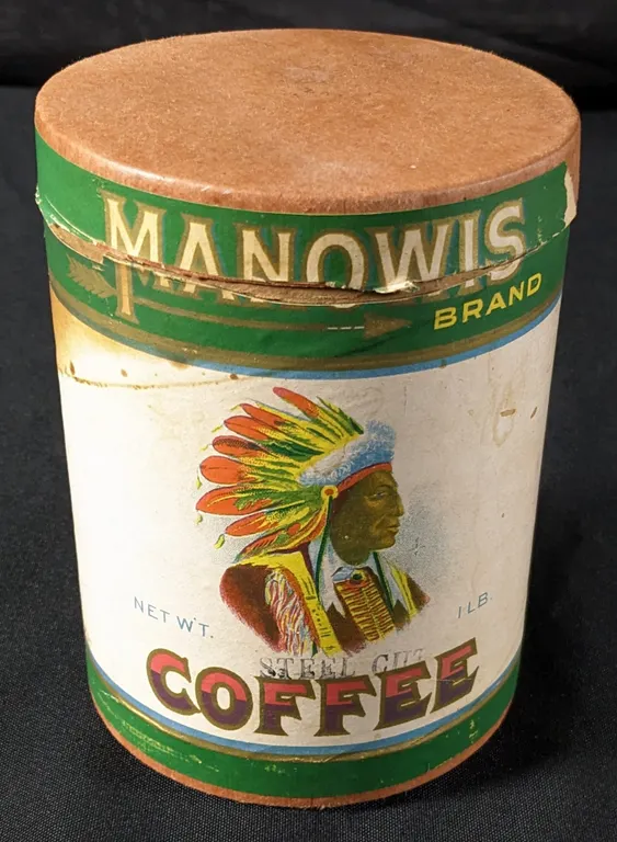 1# CARDBOARD COFFEE CAN MANOWIS BRAND NATIVE AMERICAN INDIAN PLUMB & NELSON MANITOWOC WISCONSIN