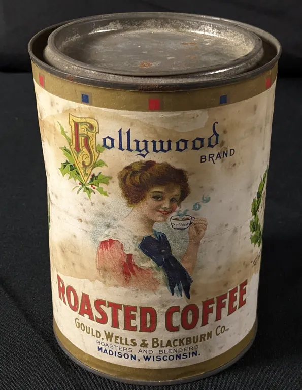 1# PAPER LABEL TIN COFFEE CAN HOLLYWOOD BRAND GOULD WELLS & BLACKBURN MADISON WISCONSIN