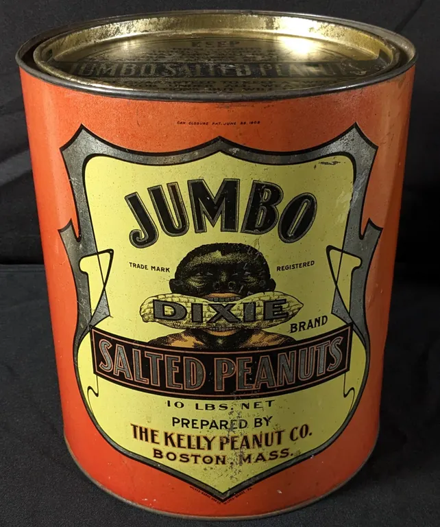 10# TIN LITHO CAN JUMBO DIXIE BRAND SALTED PEANUTS KELLY PEANUT CO BOSTON MASSACHUSSETTS