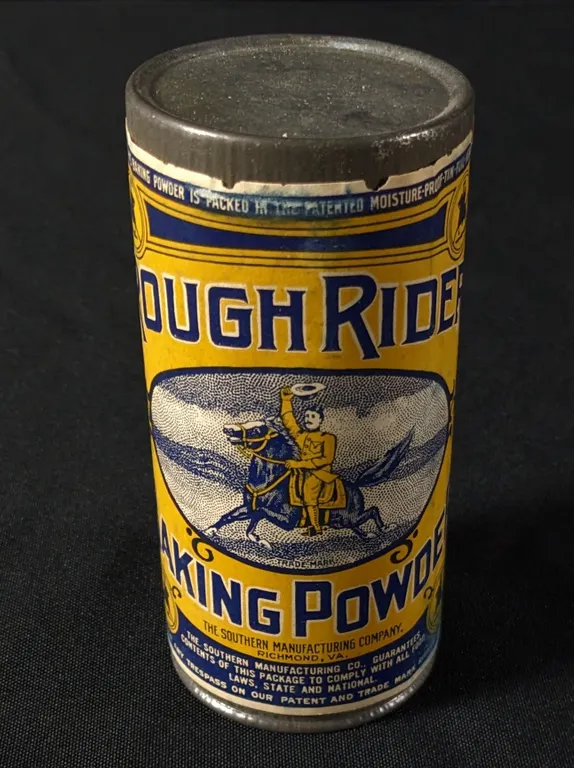 5 1/2 OZ PAPER LABEL CARDBOARD CAN ROUGH RIDERS BAKING POWDER RICHMOND VIRGINIA