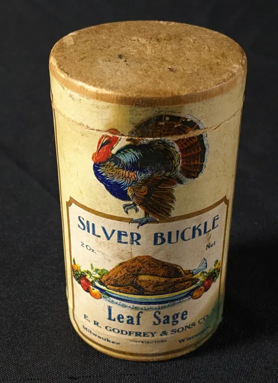 2 OZ CARDBOARD CONTAINER SILVER BUCKLE LEAF SAGE E.R. GODFREY & SONS MILWAUKEE WISCONSIN