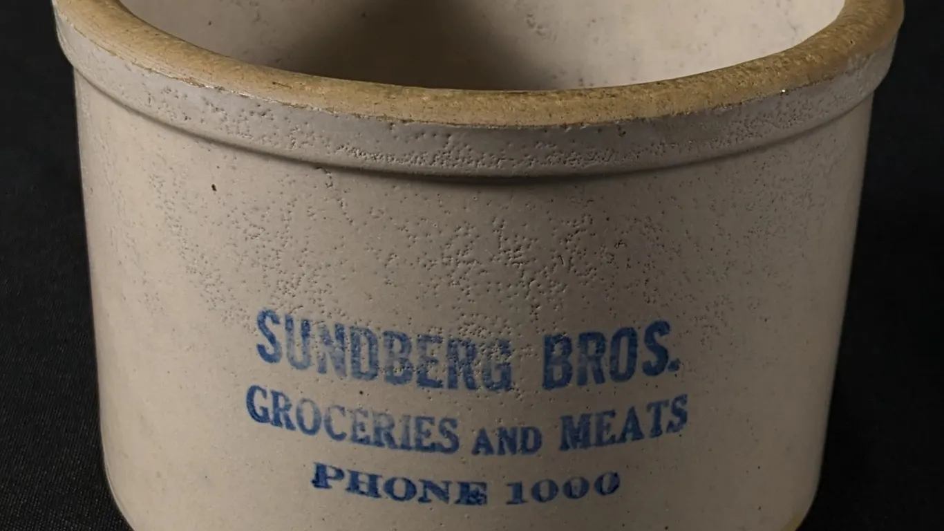 2# RED WING ADVERTISING STONEWARE BUTTER CROCK SUNDBERG BROS GROCERIES AND MEATS PHONE 1000 (RED WIN