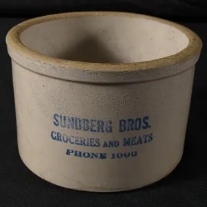 2# RED WING ADVERTISING STONEWARE BUTTER CROCK SUNDBERG BROS GROCERIES AND MEATS PHONE 1000 (RED WIN