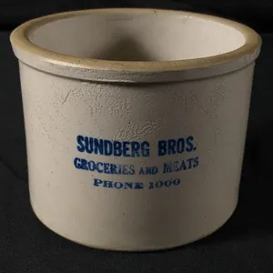 3# RED WING ADVERTISING STONEWARE BUTTER CROCK SUNDBERG BROS GROCERIES AND MEATS PHONE 1000 (RED WING MINNESOTA)