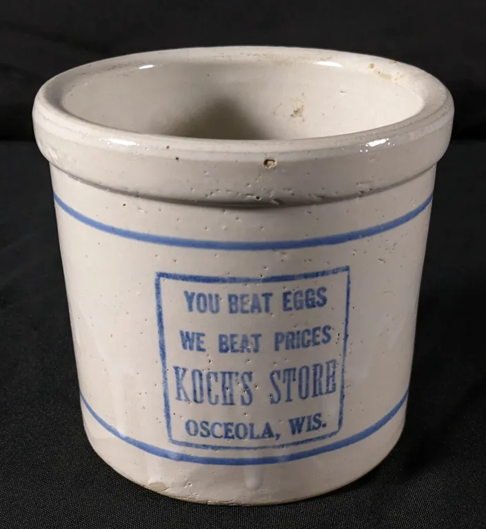 RED WING STONEWARE ADVERTISING BEATER JAR CROCK YOU BEAT EGGS WE BEAT PRICES KOCH'S STORE OSCEOLA WISCONSIN