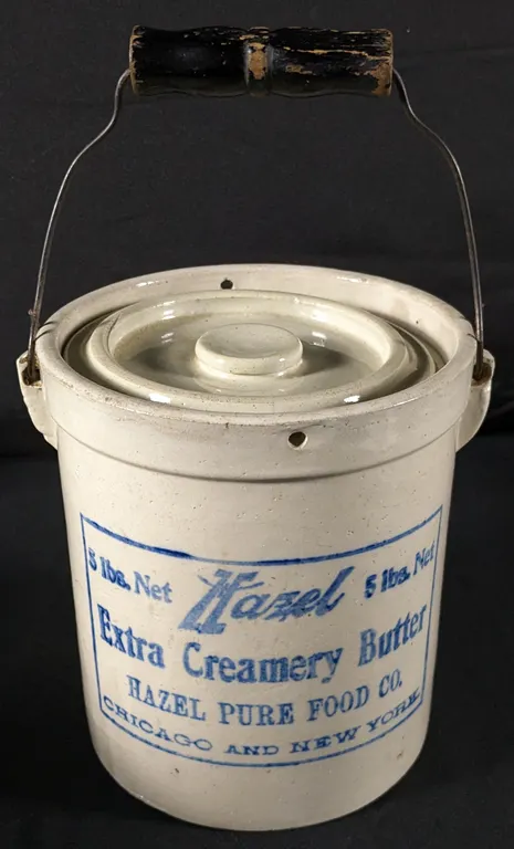 RED WING STONEWARE ADVERTISING 5# BAIL HANDLED BUTTER CROCK HAZEL EXTRA CRAMERY BUTTER CHICAGO & NEW