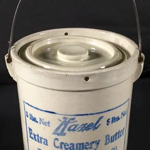 RED WING STONEWARE ADVERTISING 5# BAIL HANDLED BUTTER CROCK HAZEL EXTRA CRAMERY BUTTER CHICAGO & NEW