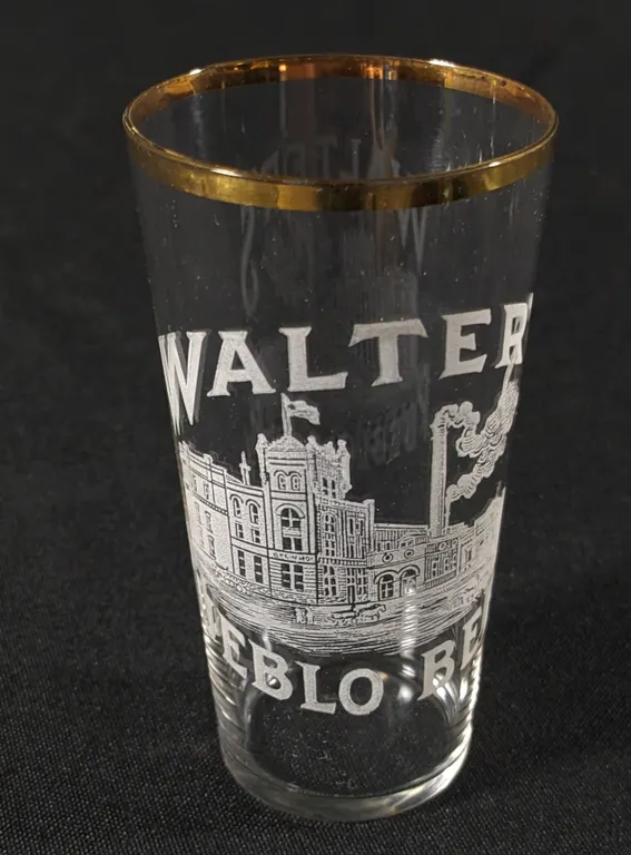 PRE PROHIBITION FACTORY SCENE WALTER'S PUEBLO BEER COLORADO ETCHED DRINKING GLASS