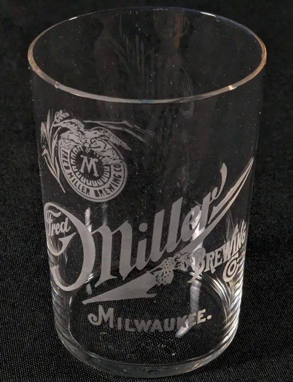 PRE PROHIBTION FRED MILLER BREWING CO MILWAUKEE WISCONSIN ETCHED BEER DRINKING GLASS