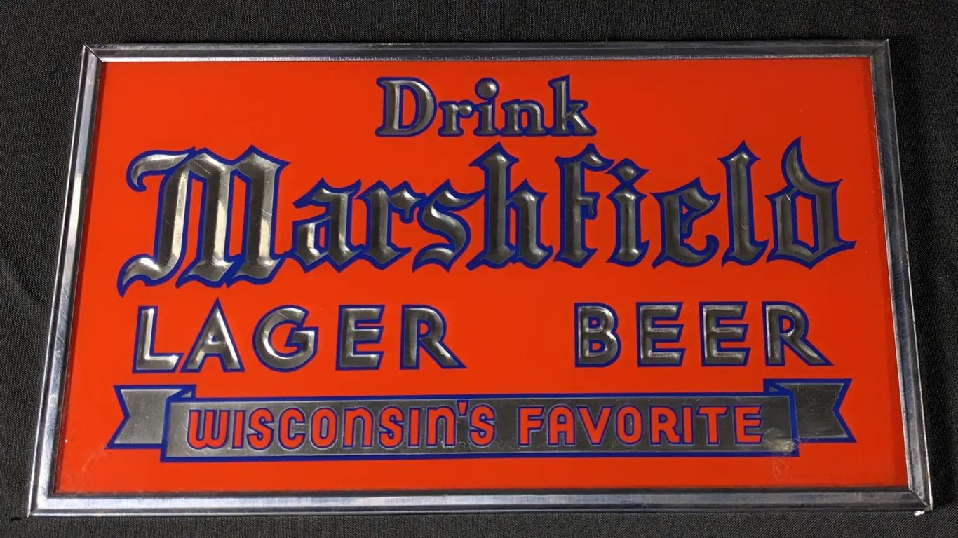 GLASS SIGN DRINK MARSHFIELD LAGER BEER WISCONSIN'S FAVORITE