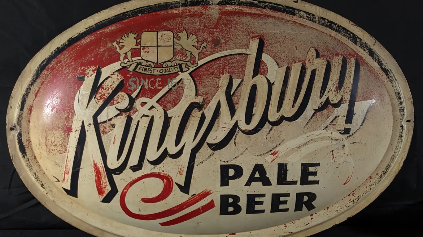 CONVEX TIN SIGN BLATZ BEER REBRANDED TO KINGSBURY BEER