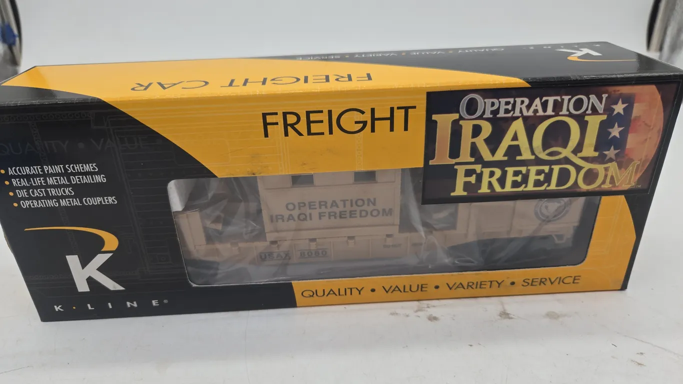 Vintage k line operation, iraqi, freedom security rail car, new inbox