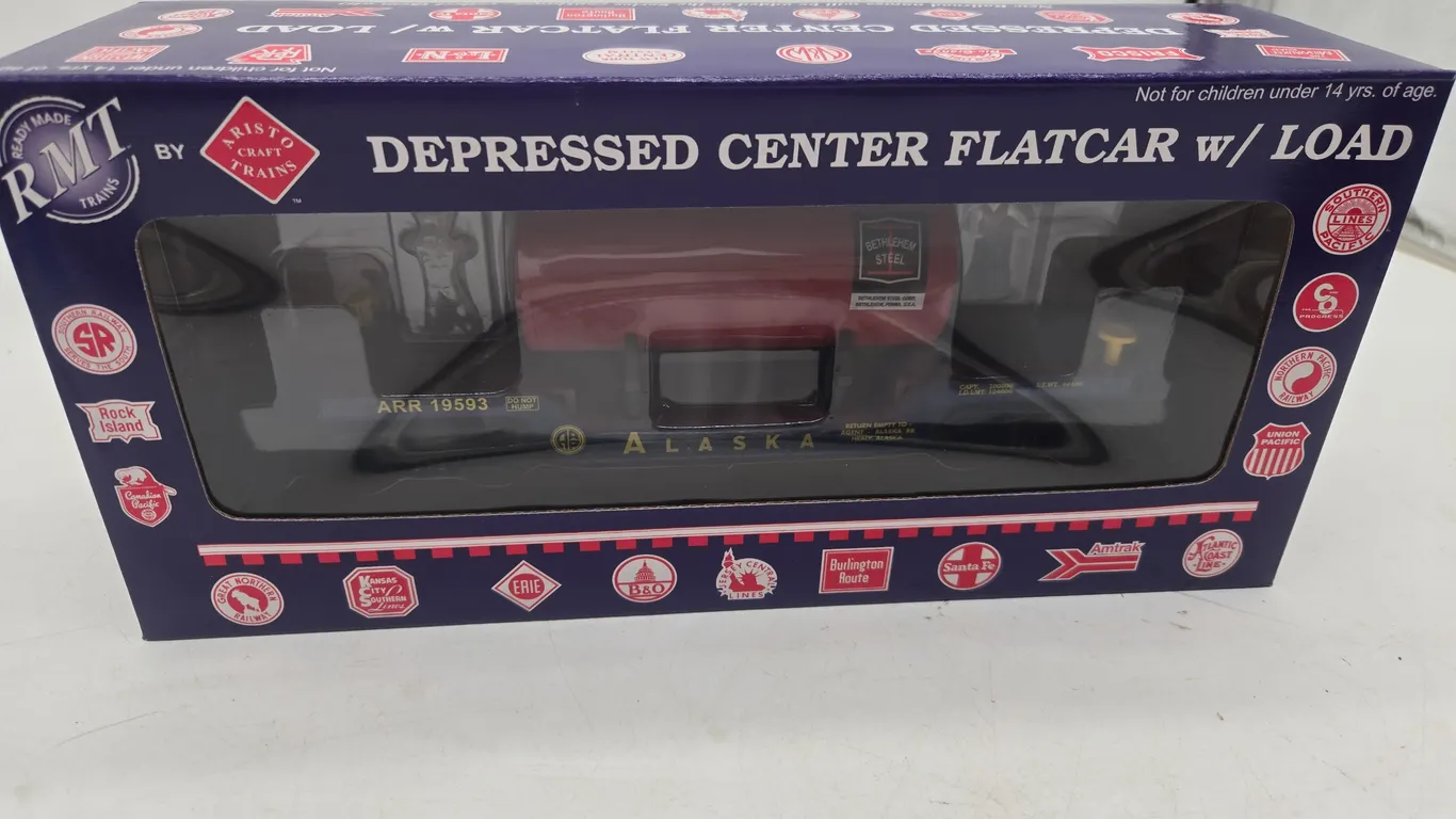 Vintage r m t alaska flat car set with load new inbox