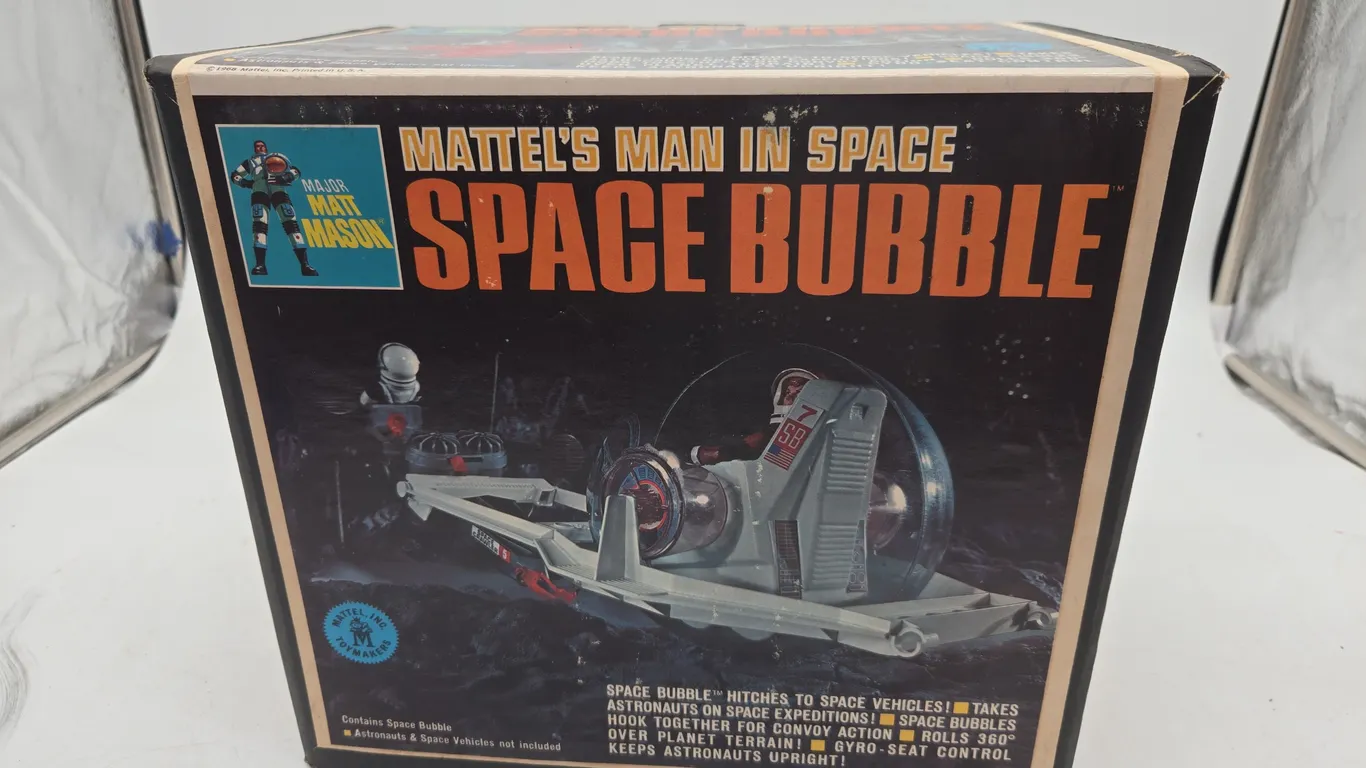 Vintage Mattel, Maj. Mat massen man in space space bubble new in original box.