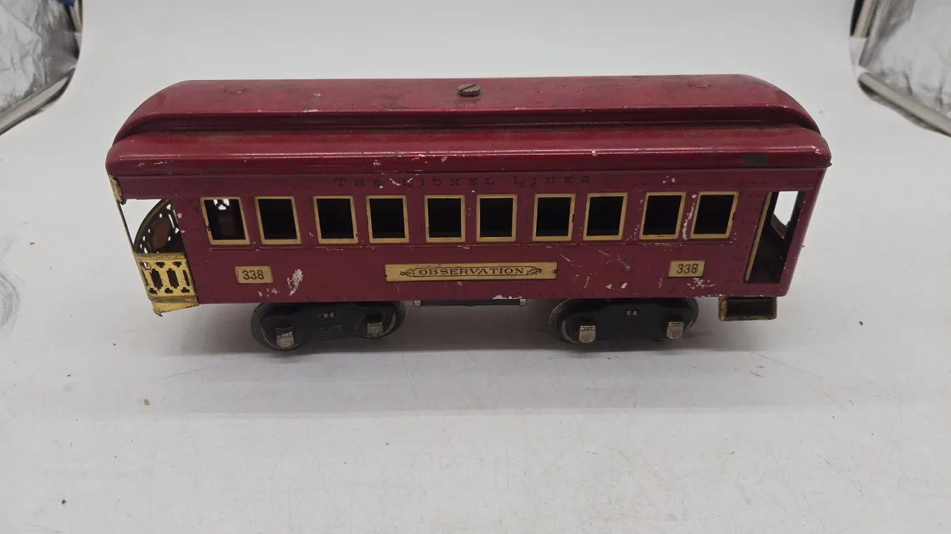 Vintage Lionel number 338 red standard gauge observation car.
