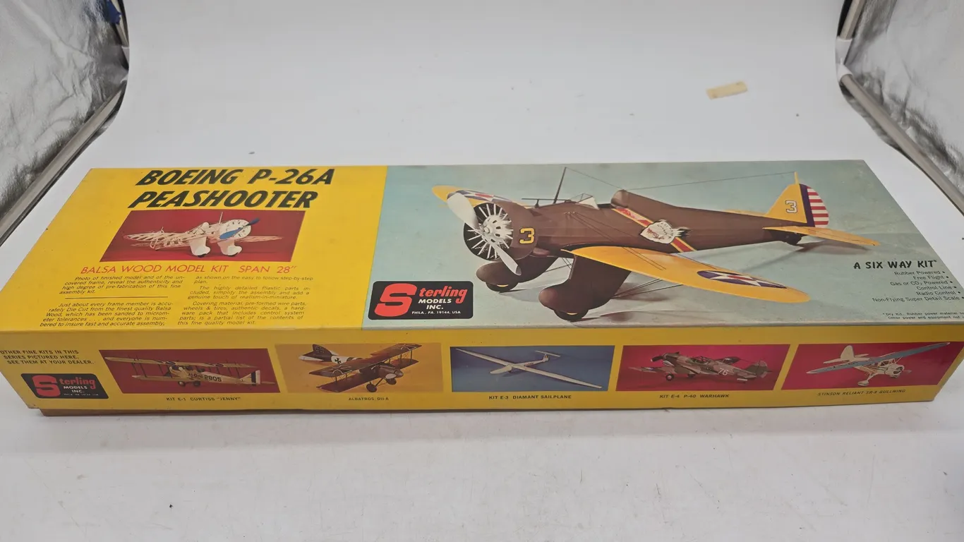 Vintage sterling boeing pea shooter balsa wood model kit, new inbox