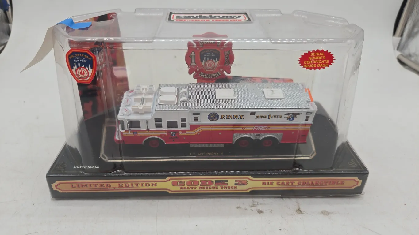 Vintage salisbury fire and rescue code.Three new york city, fire truck diecast, collectible, new and