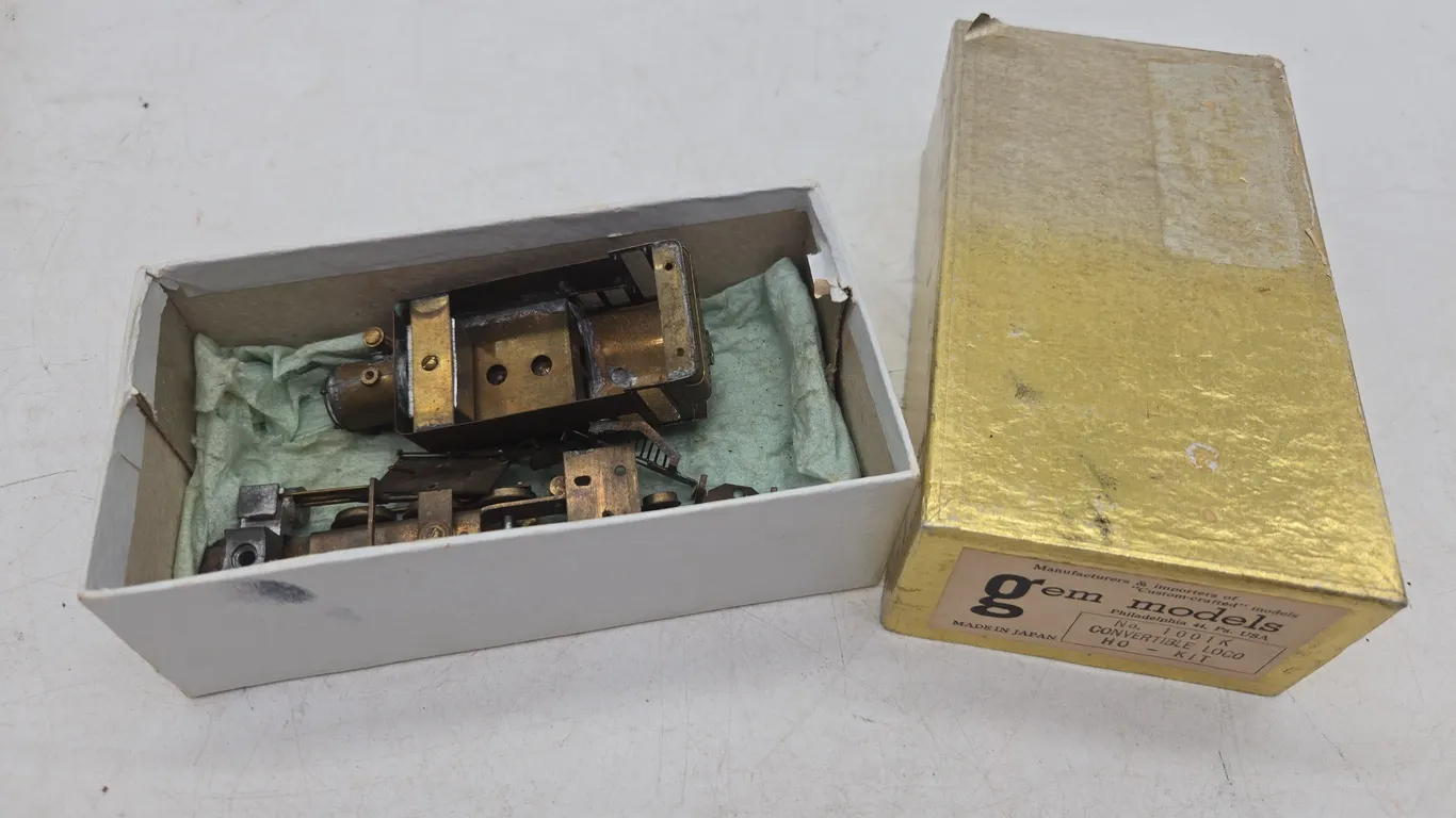 Vintage gem models, brass locomotive, h* scale kit in original box.