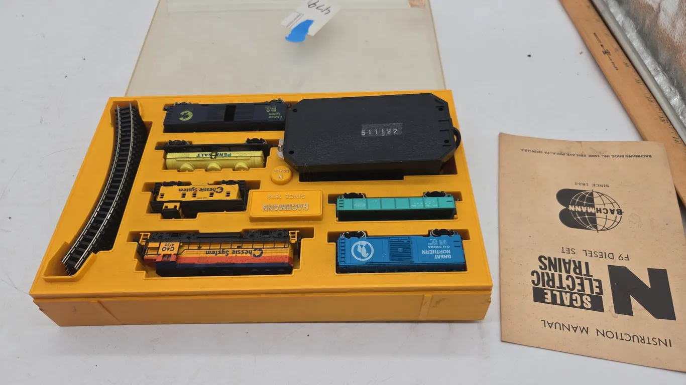 Vintage bachman in scale, electric train set with diesel nine f locomotive in original box