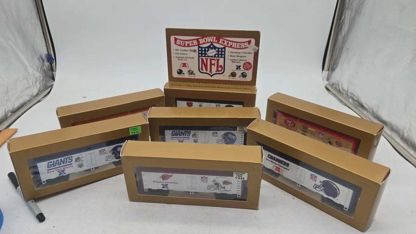 Assorted h o scale n f l football train cars new inboxes