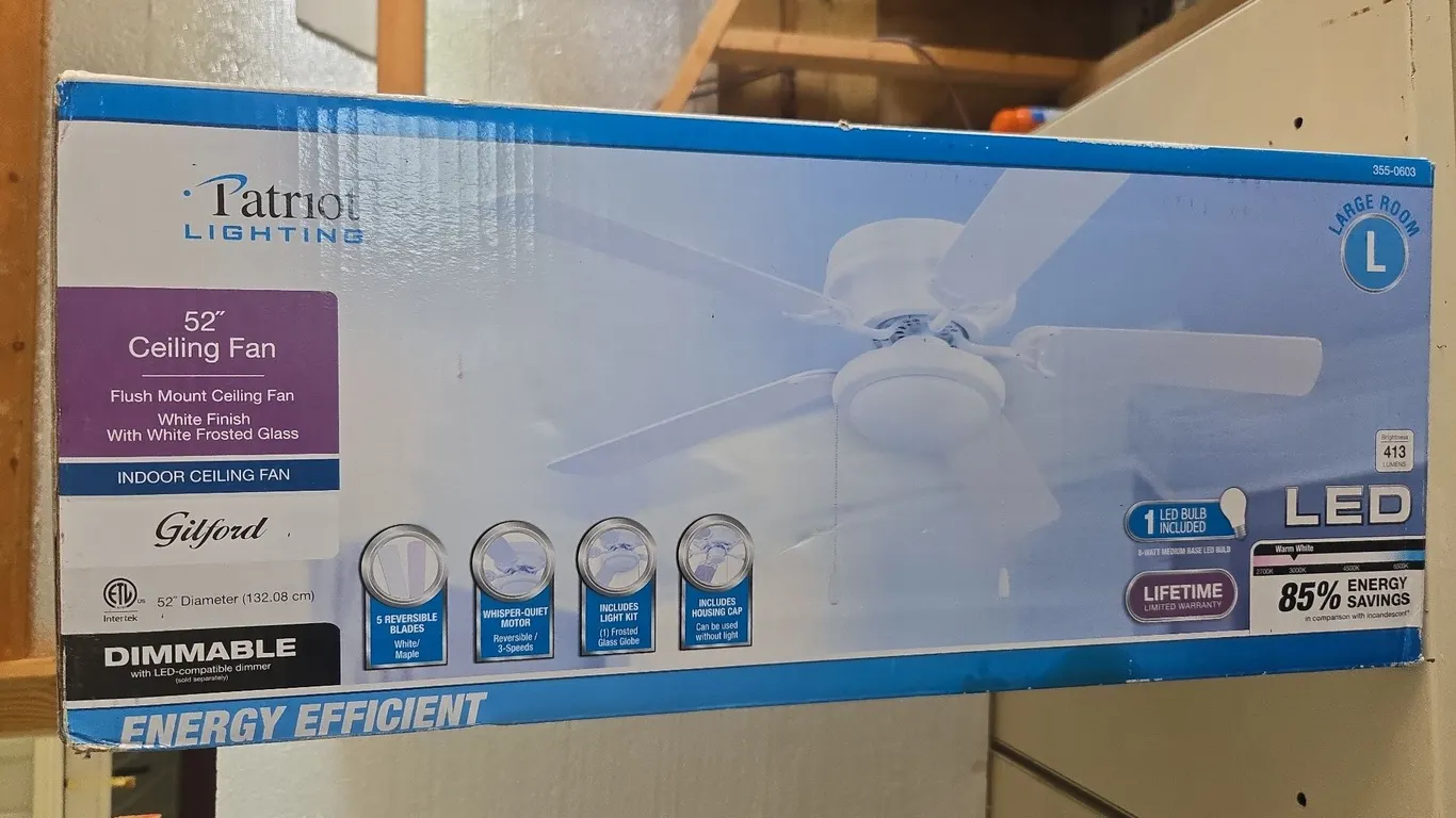 Patriot lighting, new inbox ceiling fan with light kit