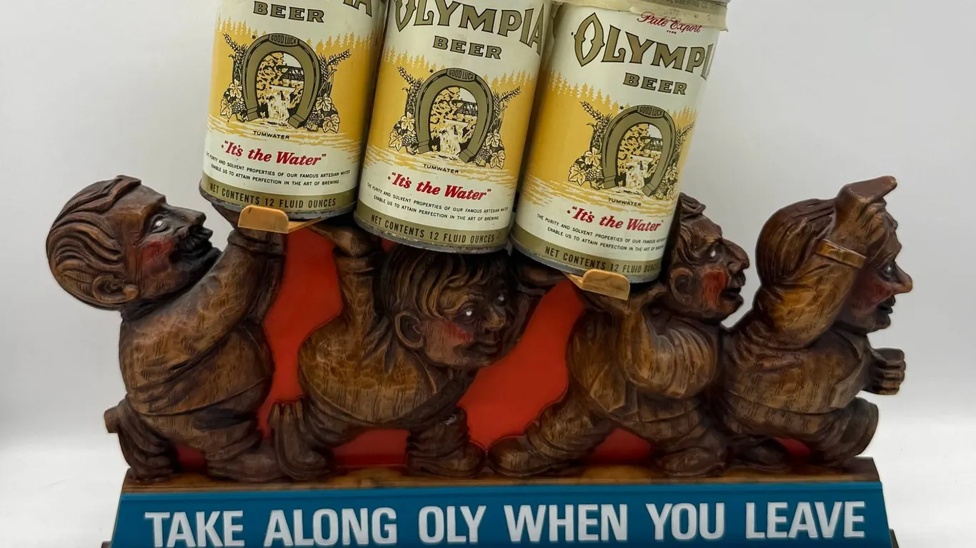 Olympia Beer Sign with Figurative Can Holders