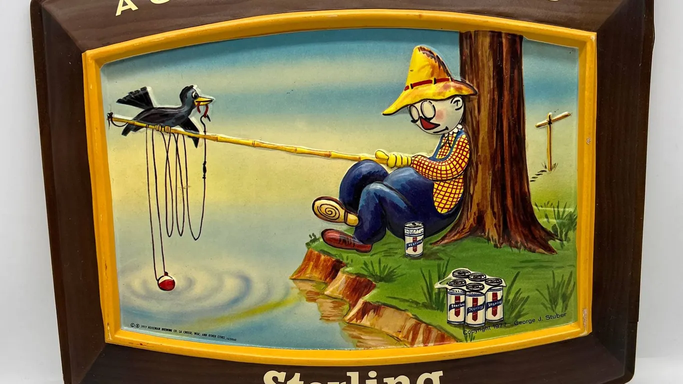 Sterling Beer Sign with Fishing Cartoon 1977