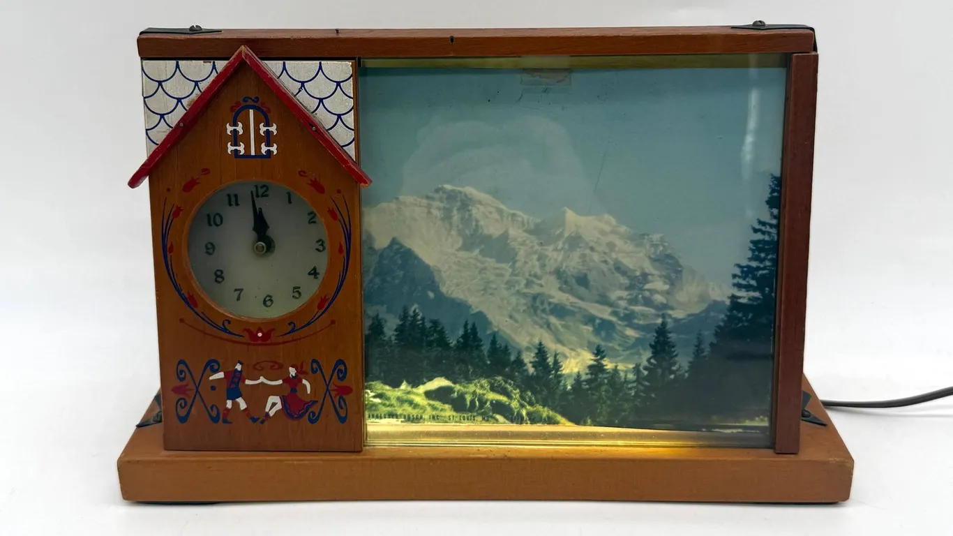 Wood Bar Light with Clock and Alpine Scene