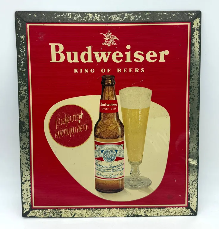 Budweiser Metal Beer Sign with Glass Image