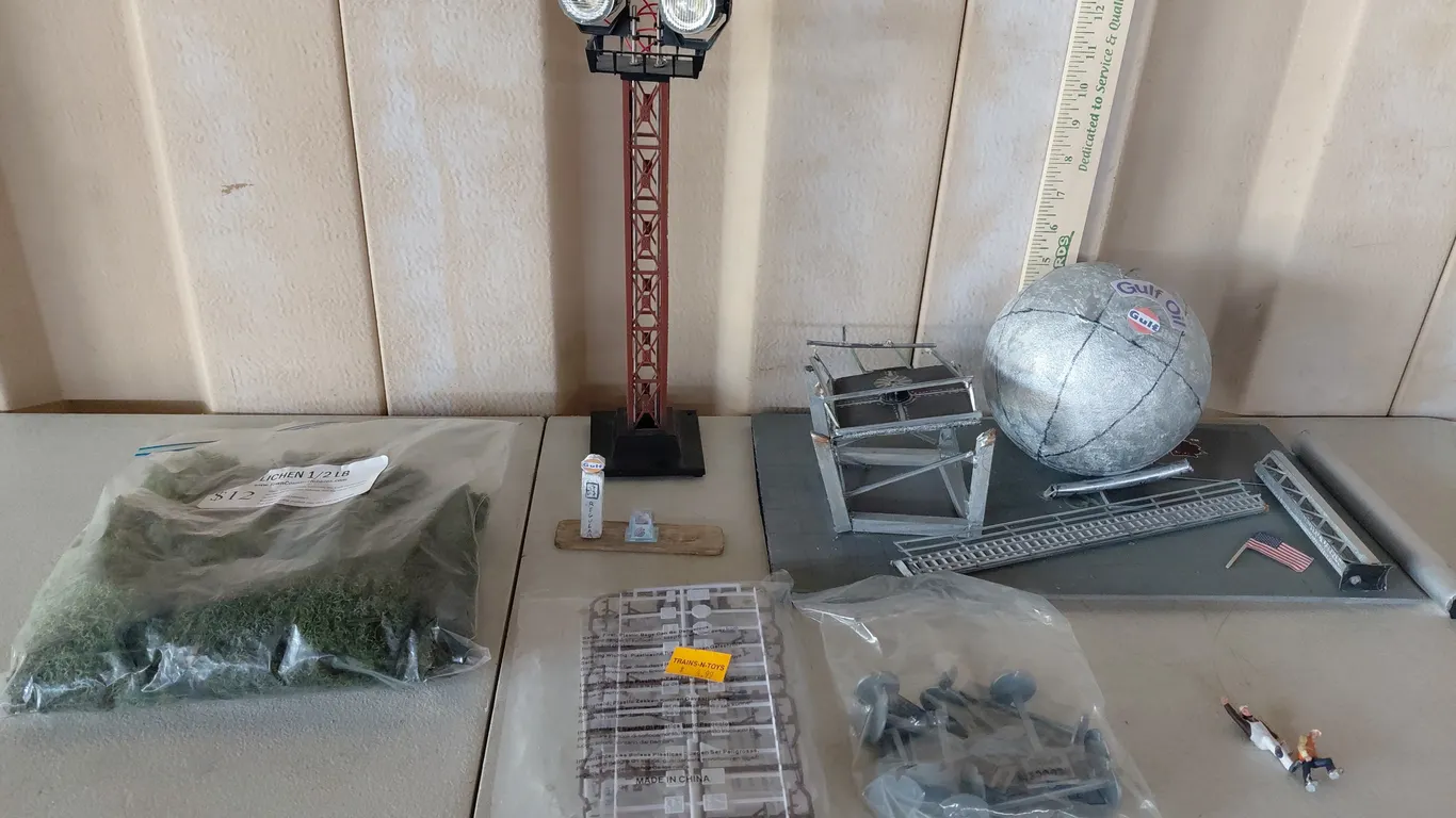 Assorted Train Display Items- Hand Made Oil Plant, New Road Signs (2 Sizes), Etc.