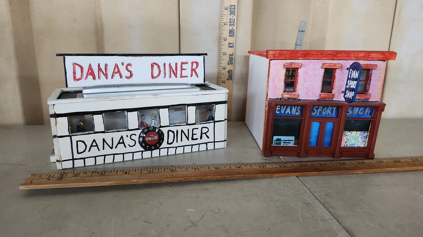Dana's Diner & Evans Sport Shop Handmade Buildings, Used With O Scale Trains