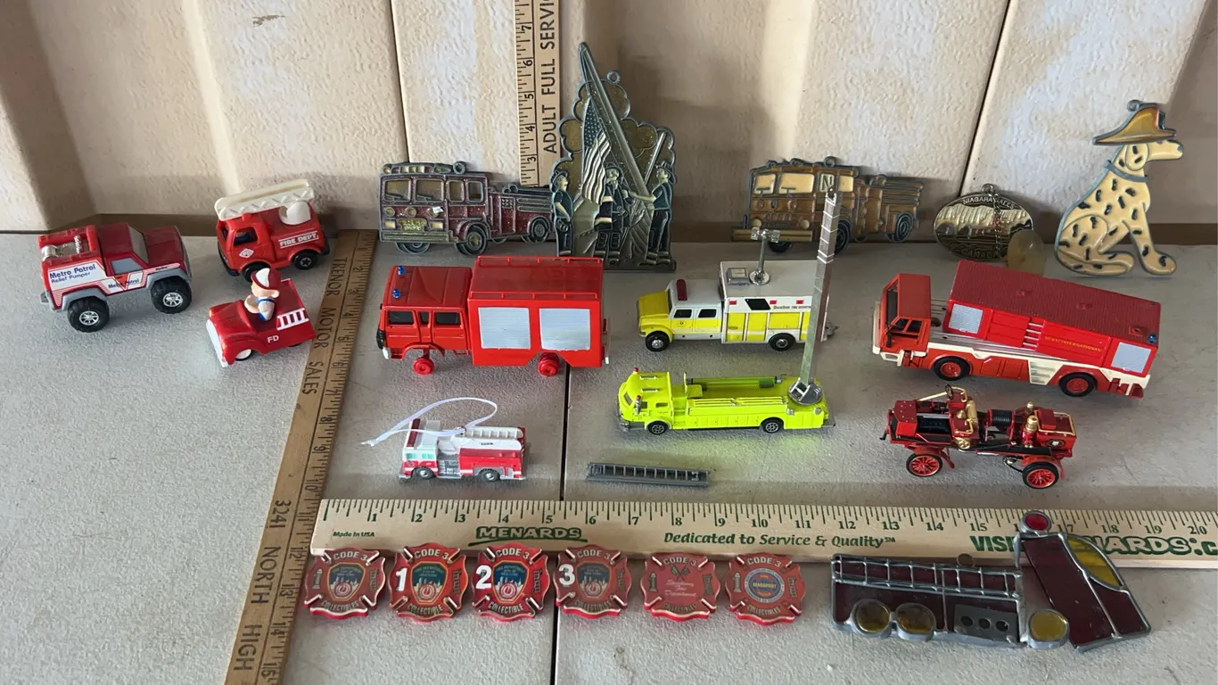 Assorted Fire Trucks, Suncatchers, Etc., Some Missing Pcs
