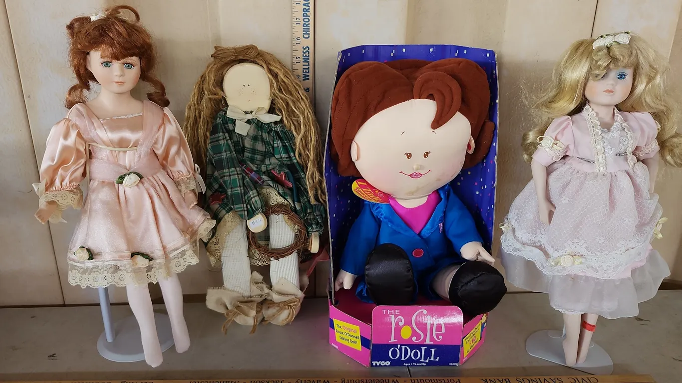 Rosie O'Doll, 2 Porcelain Dolls, & 1 Wood Doll