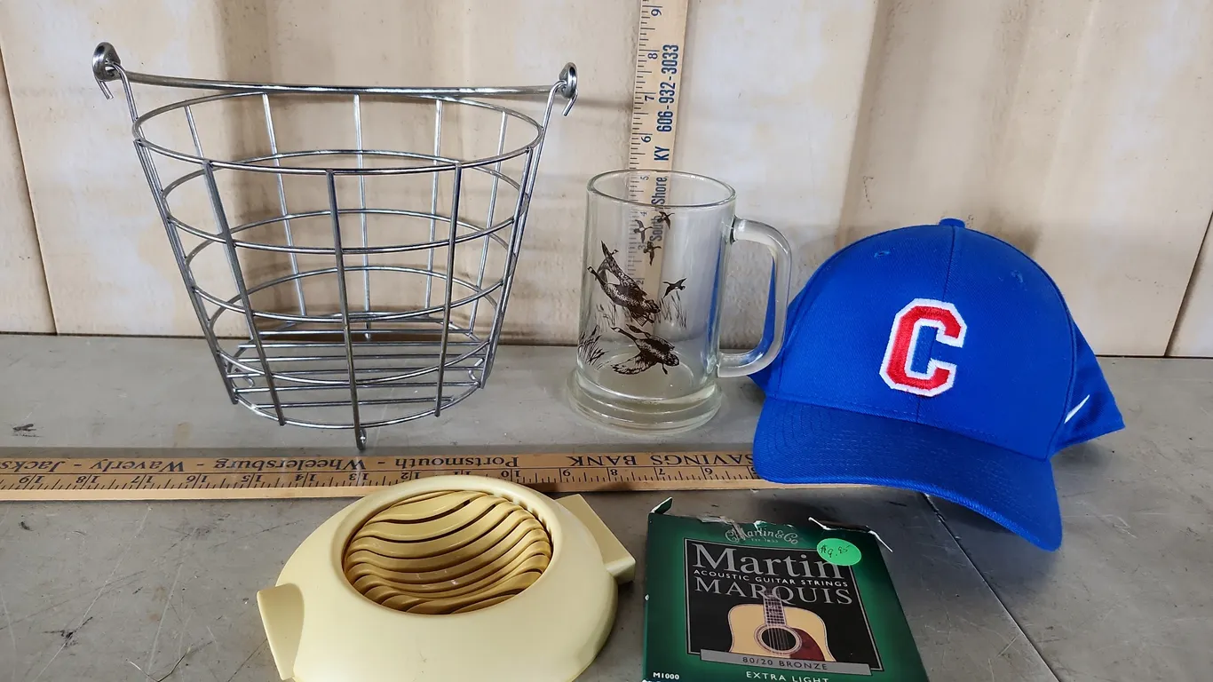 Cubs Hat, Wire Basket, Duck Mug, Guitar Strings, Etc.