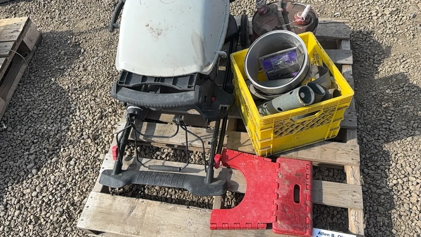 WEBER BBQ, GAS CAN, PIPE, ROLL OF ALUMINUM