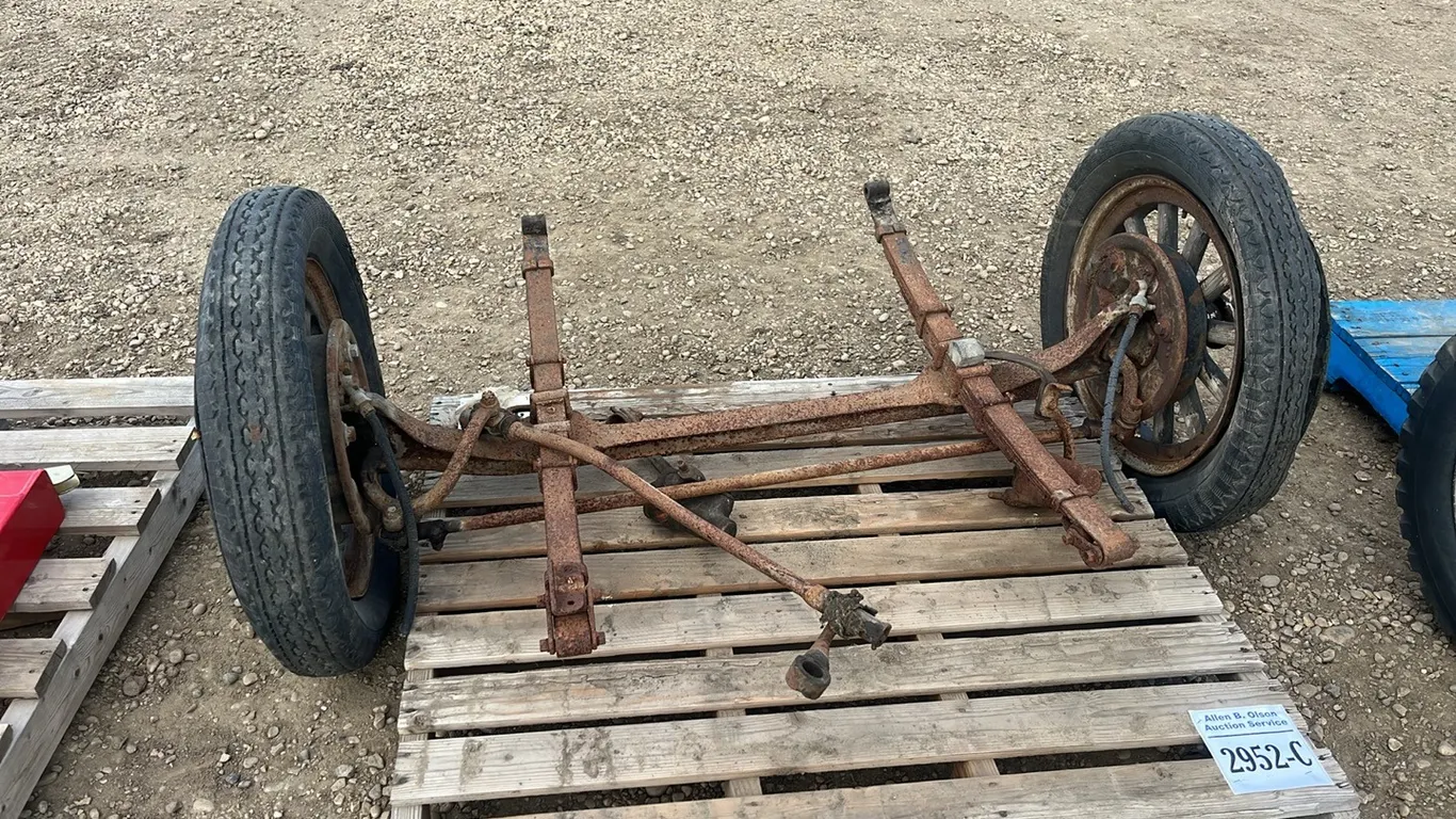 VINTAGE PLYMOUTH FRONT AXLE w/ WHEELS AND WHEEL CAPS AROUND 1930