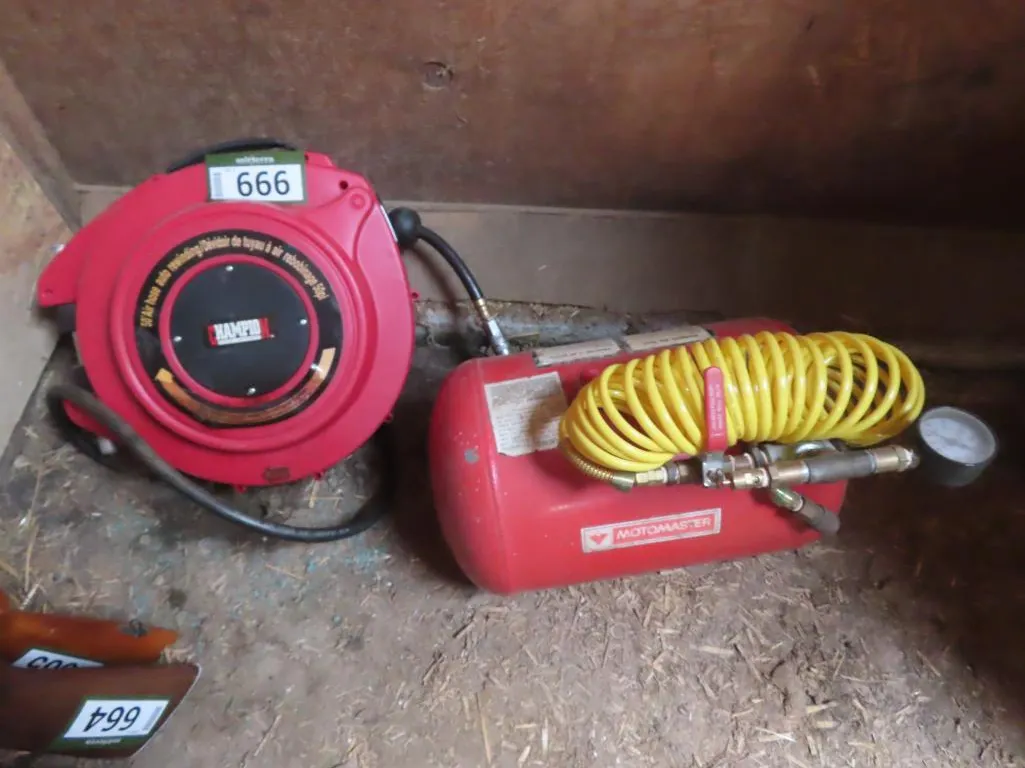 Lot - Champion 50' Air Hose / Reel, Motomaster Air Tank *Located at Spruce Grove location.