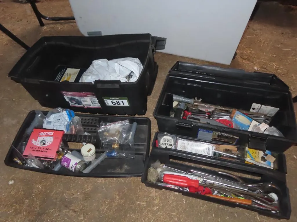 Lot - (2) Tool Boxes w/ Assorted Tools & Supplies *Located at Spruce Grove location.