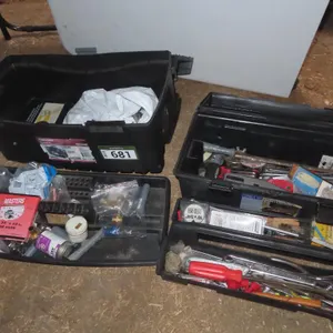 Lot - (2) Tool Boxes w/ Assorted Tools & Supplies *Located at Spruce Grove location.
